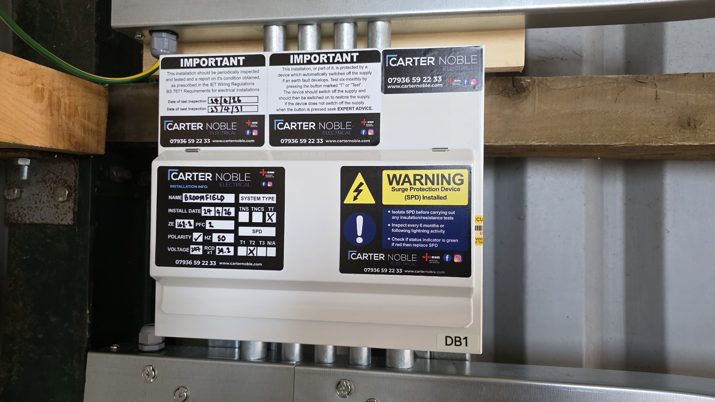 Commercial distribution board upgrade with surge protection and testing labels installed in Nuneaton