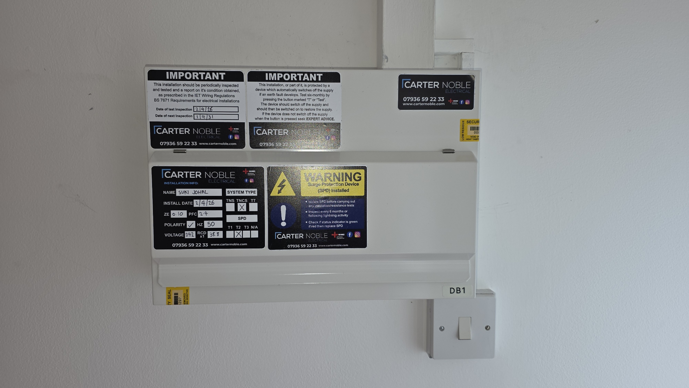 Domestic consumer unit upgrade with surge protection installed by electrician in Nuneaton