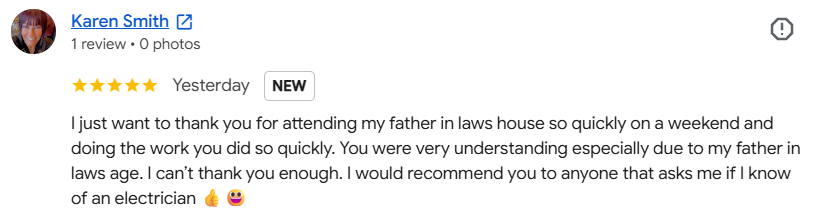 Five-star customer review thanking Carter Noble Electrical after an emergency consumer unit replacement restored power to a 96-year-old homeowner in Nuneaton.
